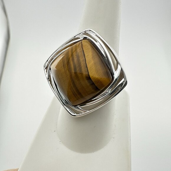 QVC Tigers Eye Ring Sterling Silver Modernist Cabochon Pyramid 925 Size 9 - Picture 3 of 15